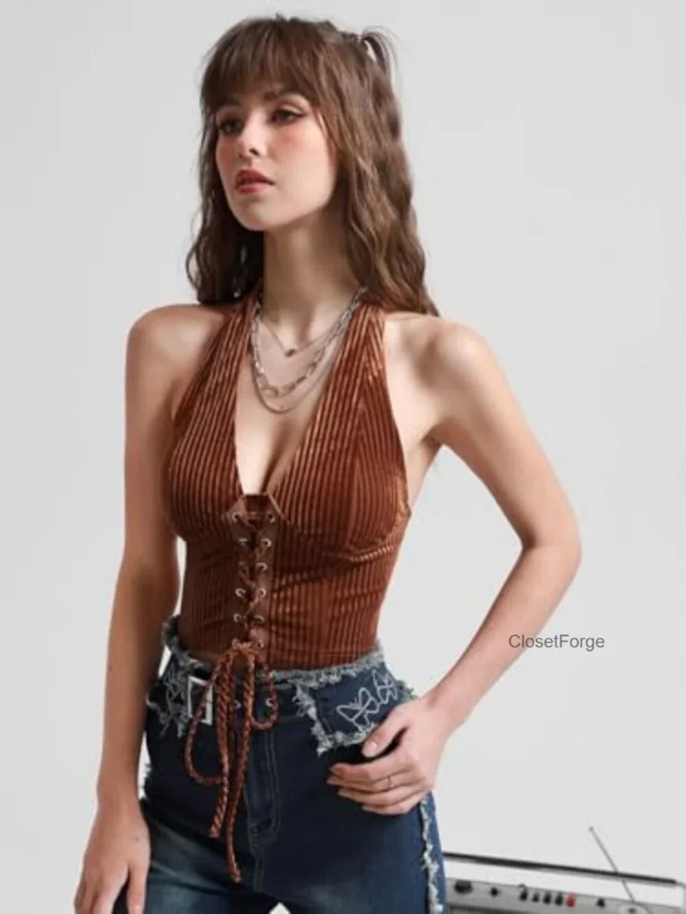 Women's Fitted Halter Corset Top Lace Up Backless Crop Stretchy Polyester Blend